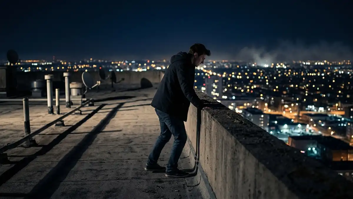 Person standing near the edge of a tall rooftop at night experiencing fear of heights and vertigo while overlooking city lights.