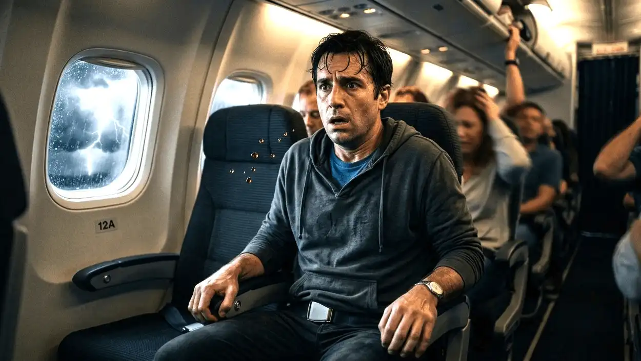 Terrified airplane passenger reacting to severe turbulence during a dramatic commercial flight scene