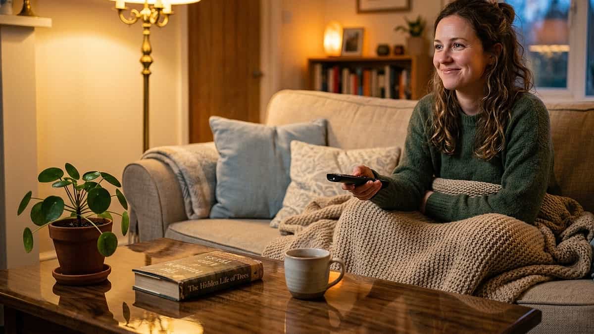 Person relaxing on couch rewatching favorite TV show for comfort and emotional regulation, illustrating why this common habit is not a sign of mental illness