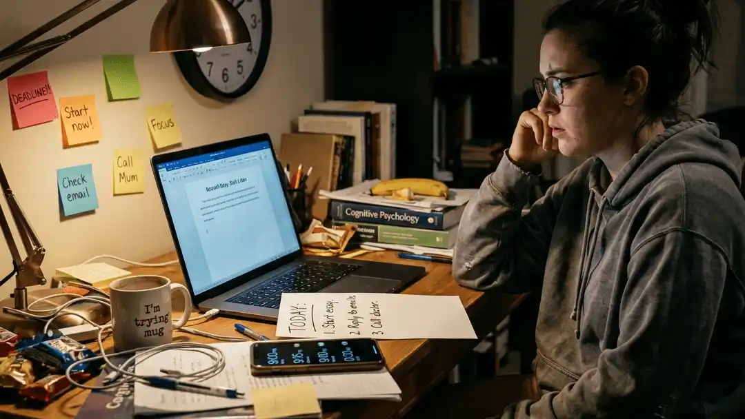 An overwhelmed adult with ADHD sitting frozen at a cluttered desk, unable to start a simple task.