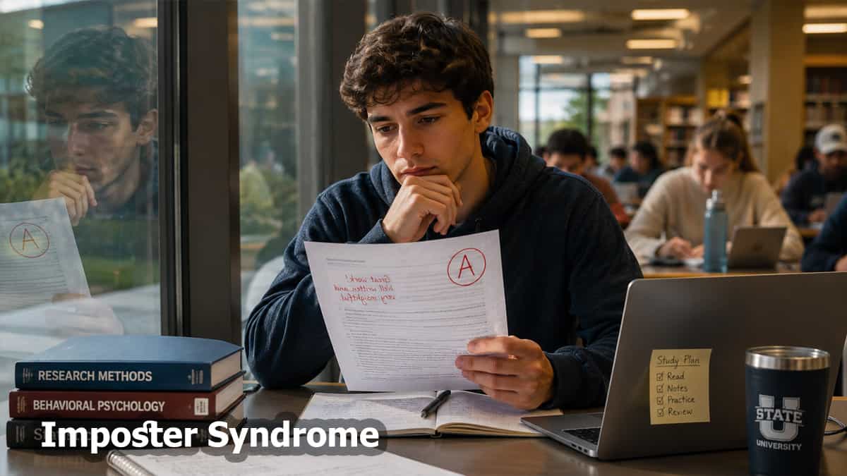 High-achieving college student looking at an A grade while experiencing self-doubt and imposter syndrome