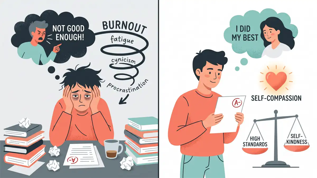 Adaptive vs maladaptive perfectionism illustration showing the link between perfectionistic concerns, academic burnout symptoms, and self-compassion recovery