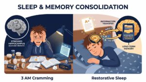 All-nighter myth illustration showing sleep deprivation blocking hippocampal memory consolidation versus REM and NREM sleep enhancing synaptic plasticity