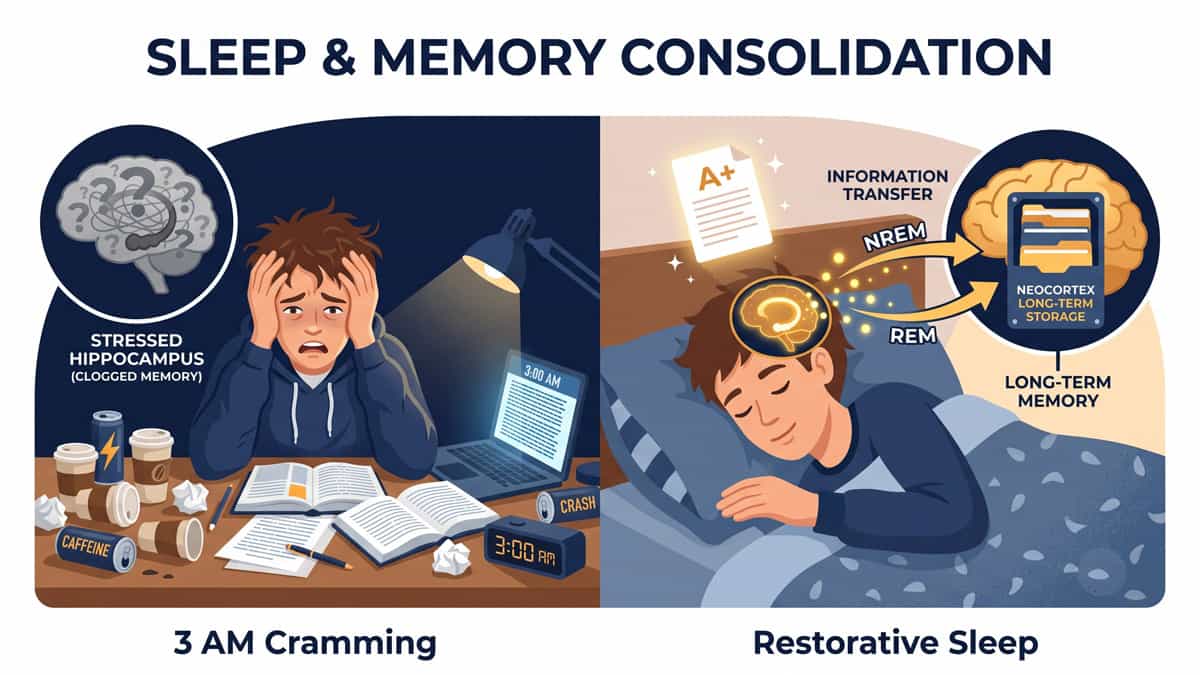 All-nighter myth illustration showing sleep deprivation blocking hippocampal memory consolidation versus REM and NREM sleep enhancing synaptic plasticity