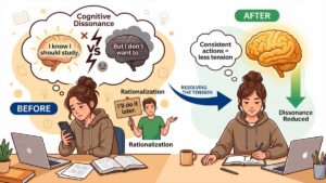 Cognitive dissonance theory illustration showing how students justify bad habits like procrastination through rationalization and how to achieve belief-behavior consistency