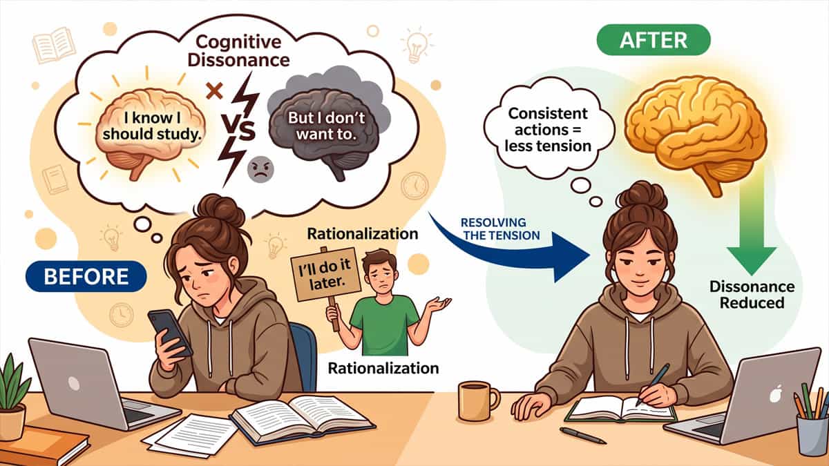 Cognitive dissonance theory illustration showing how students justify bad habits like procrastination through rationalization and how to achieve belief-behavior consistency