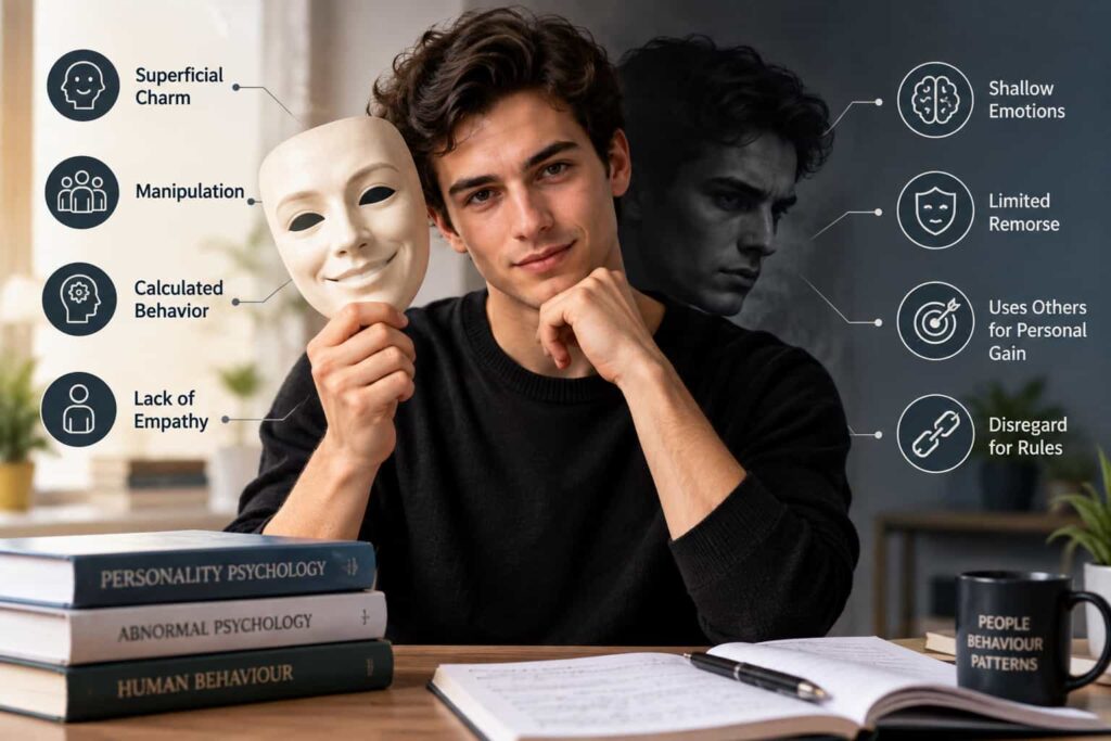 What is a psychopath illustration showing common psychopathic traits