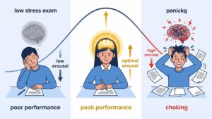 Yerkes-Dodson law illustration showing the inverted-U curve of exam pressure, optimal arousal theory, and how anxiety affects student performance and test scores