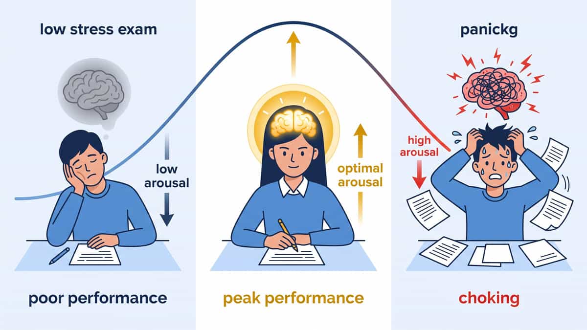 Yerkes-Dodson law illustration showing the inverted-U curve of exam pressure, optimal arousal theory, and how anxiety affects student performance and test scores