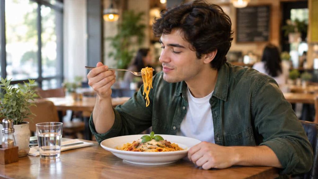 A person enjoying a forkful of spaghetti at a restaurant.