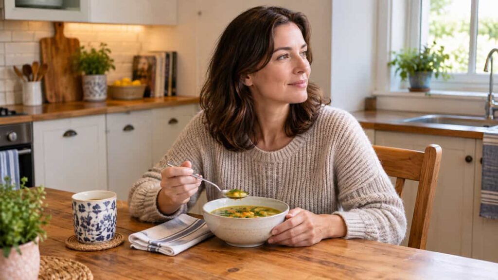 A woman eating homemade soup at her kitchen table.