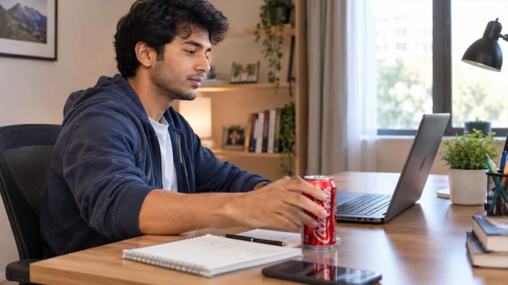 A person reaching for a soda during an afternoon work break.
