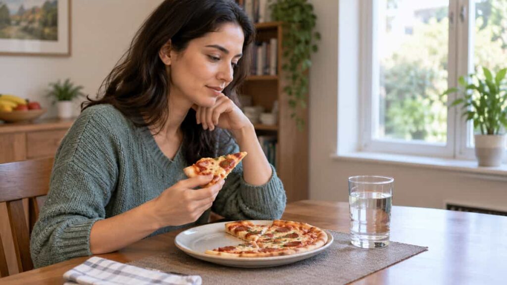 A person pausing thoughtfully before eating pizza at a table.
