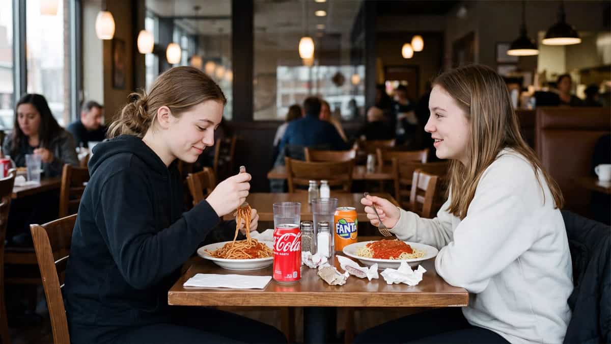 Two teenage girls enjoying spaghetti and choosing different soft drinks at a restaurant.